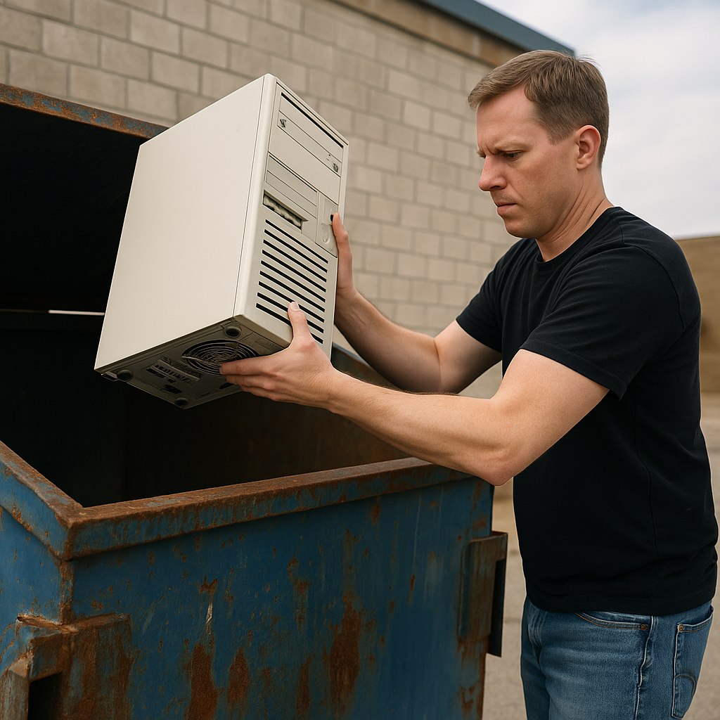 Man Throwing Server in Dumpster