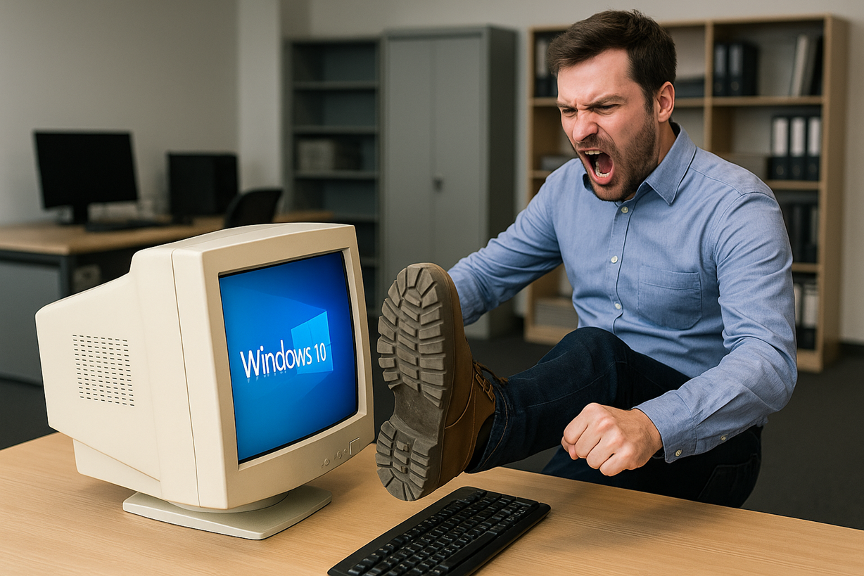 Man Kicking CRT Monitor with Windows 10 Logo on Display